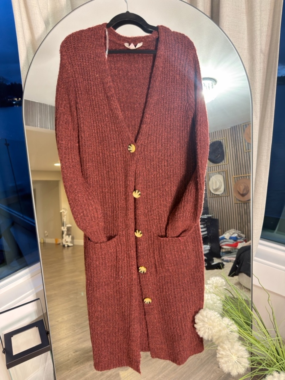 Long Rust Knit Cardigan with Pocket Detail